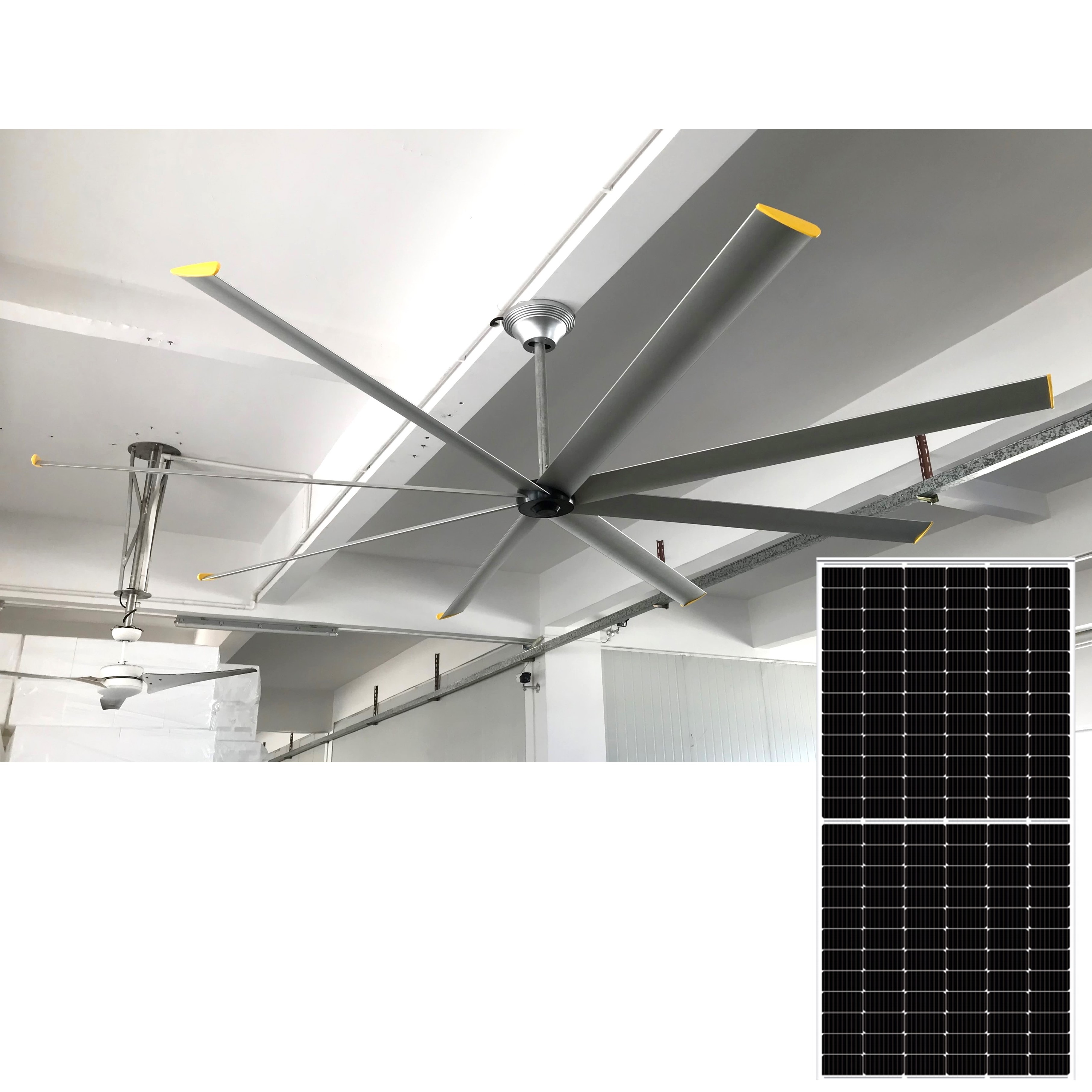 Solar Hybrid Powered Day Night Ventilation Ceiling Fan 440W DC 36V 120'' HVLS Fan Industrial Commercial Heat Extractor Giant Fan