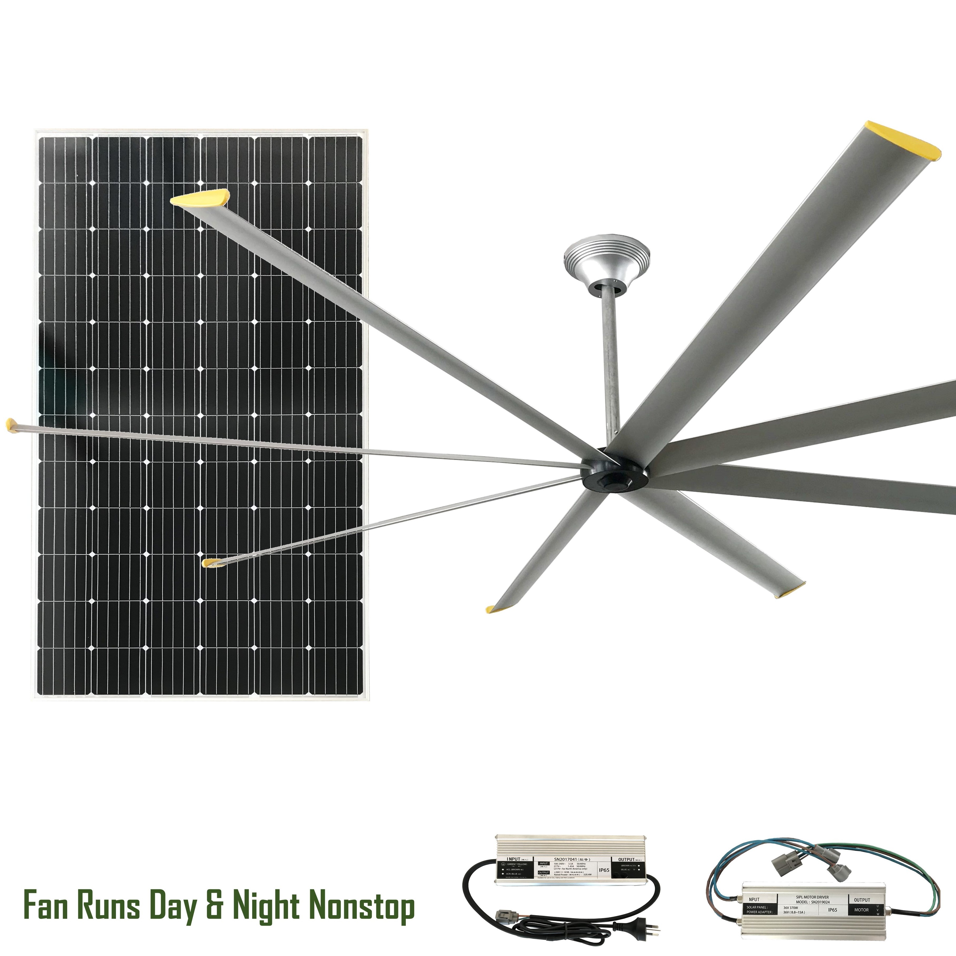 Solar Hybrid Powered Day Night Ventilation Ceiling Fan 440W DC 36V 120'' HVLS Fan Industrial Commercial Heat Extractor Giant Fan