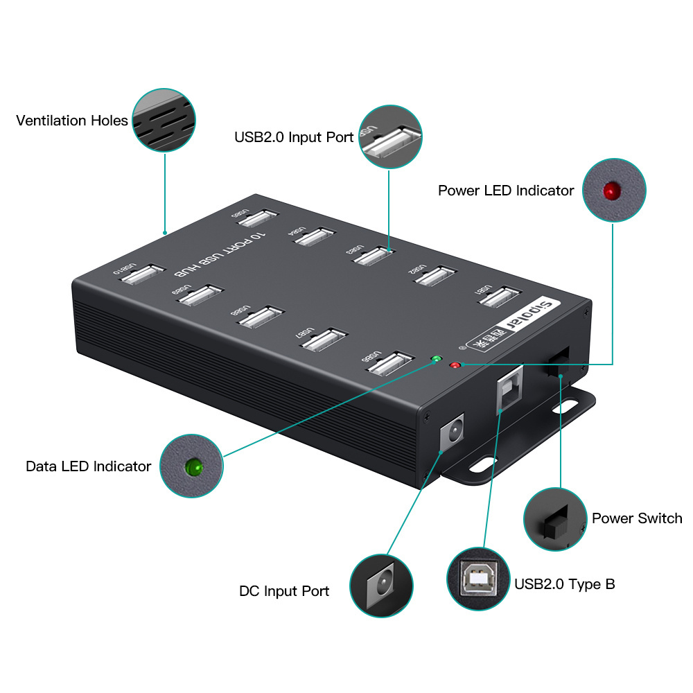 Sipolar A-300 10 port usb 2.0 hub for refurbished phones aluminum usb hub charger