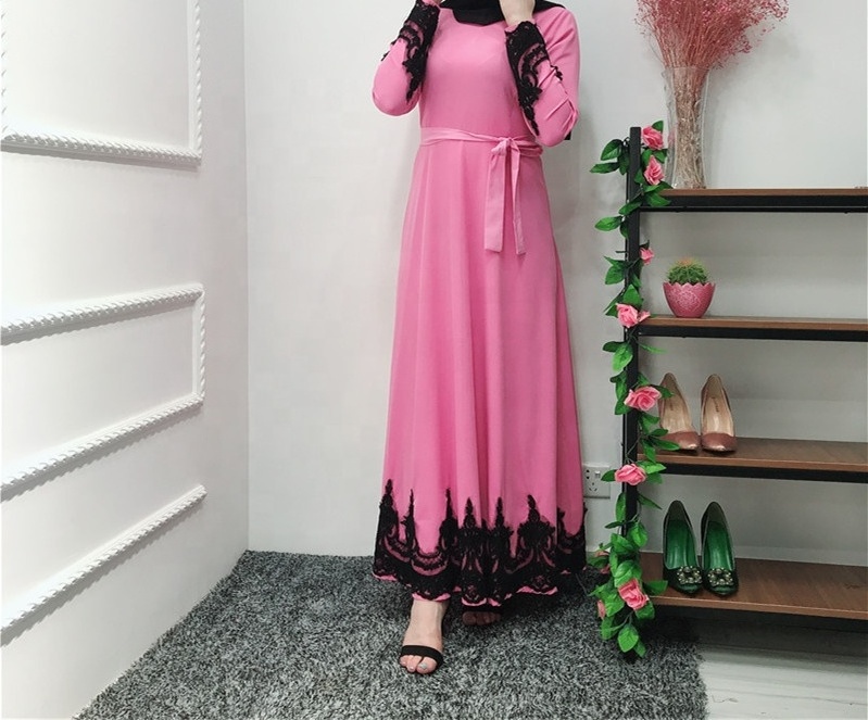 Daily Wear Muslim Dresses Young Ladies Pleated Qatar Abaya Designs Lace Sleeves For Women Islamic Clothing