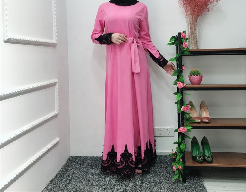 Daily Wear Muslim Dresses Young Ladies Pleated Qatar Abaya Designs Lace Sleeves For Women Islamic Clothing