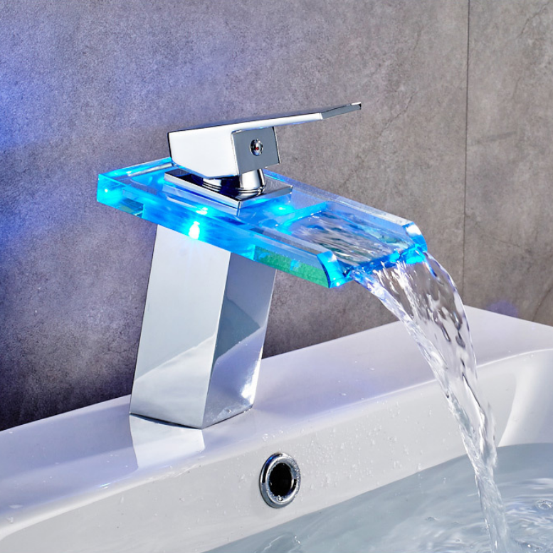 Temperature control LED light-emitting glass faucet, square waterfall hot and cold basin faucet