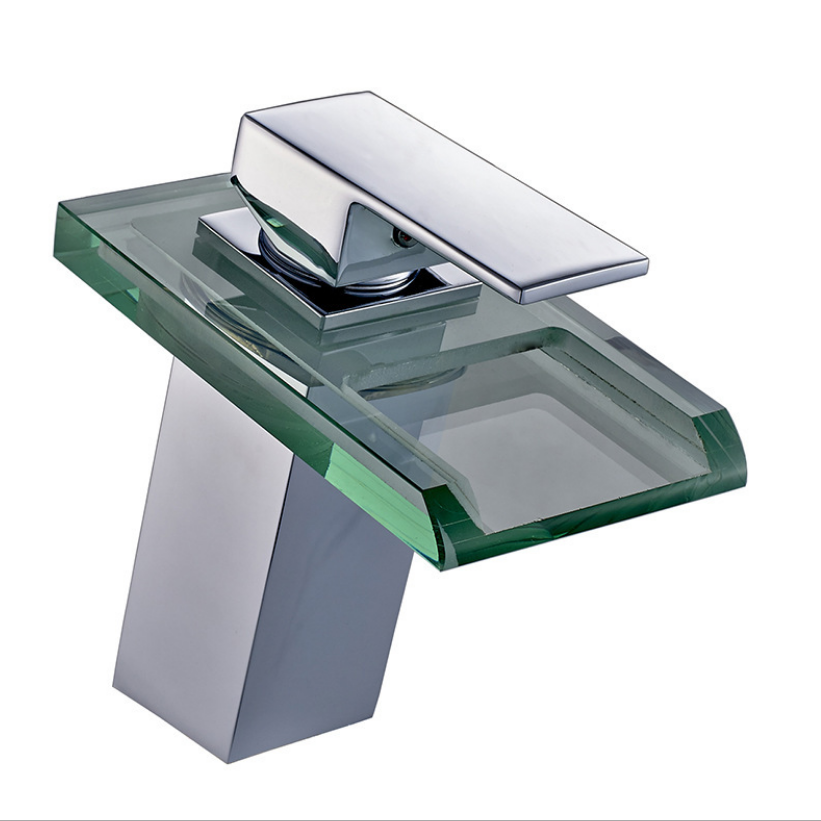 Temperature control LED light-emitting glass faucet, square waterfall hot and cold basin faucet