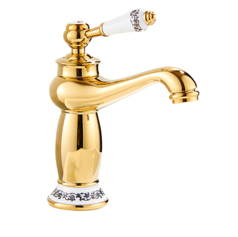 European gold-plated blue and white porcelain lamp brass faucet long nozzle bathroom basin faucet