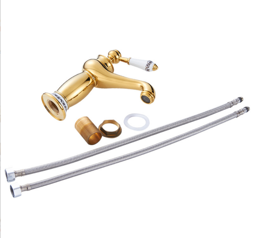 European gold-plated blue and white porcelain lamp brass faucet long nozzle bathroom basin faucet