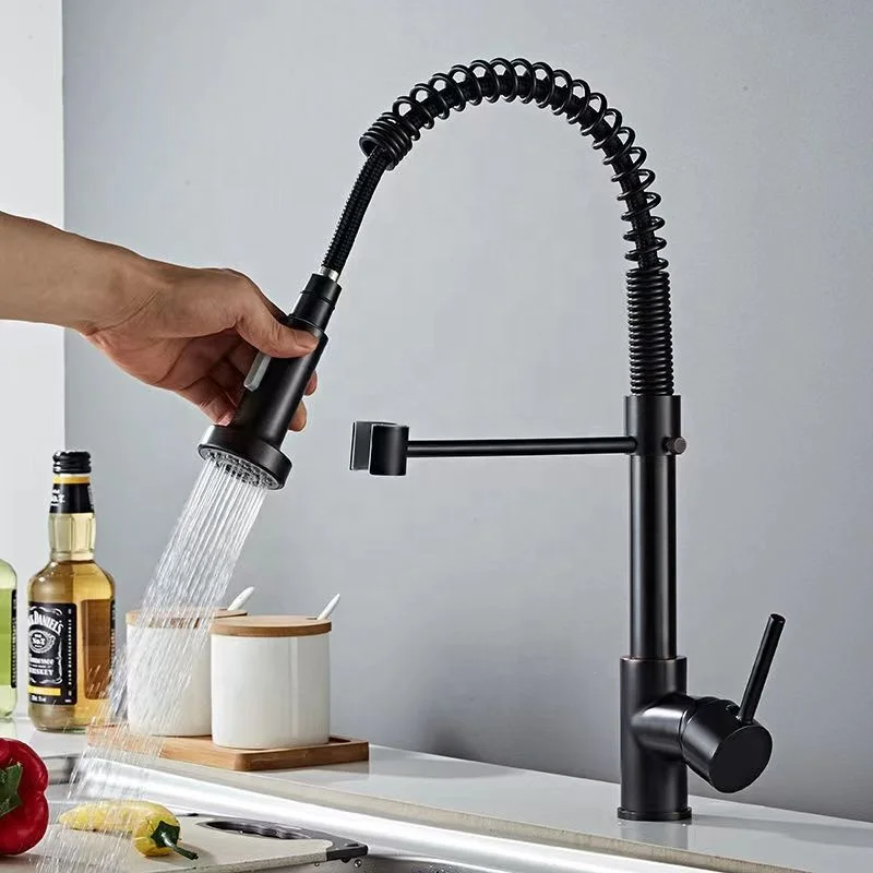 Commercial Black Brass Single Handle Single Lever Pull Down Sprayer Spring Kitchen Sink Faucet