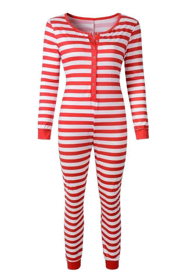 Onsie Pajama Jumpsuit Onesie Stitch Adult Sexy Long Sleeves Striped Pj Holiday Christmas Hot Sale Custom Winter for Women Woven