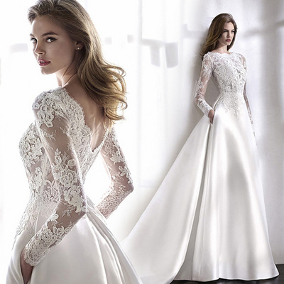 Autumn satin lace slimming fashion bridal long sleeve backless trailing wedding dress