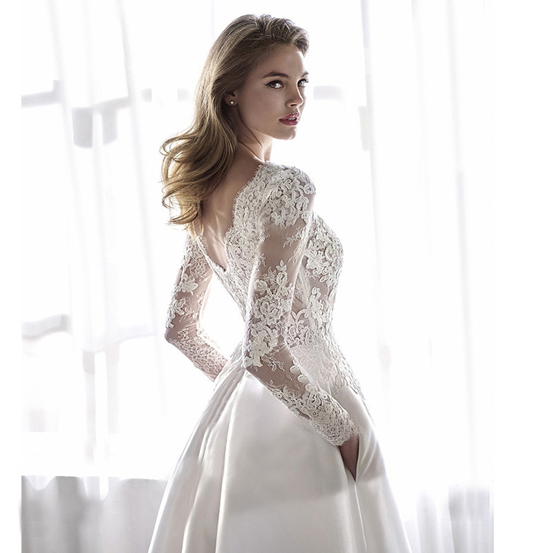 Autumn satin lace slimming fashion bridal long sleeve backless trailing wedding dress