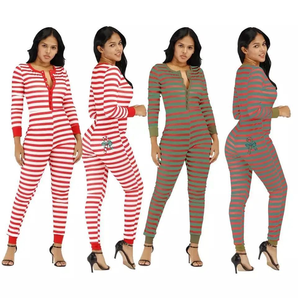 Onsie Pajama Jumpsuit Onesie Stitch Adult Sexy Long Sleeves Striped Pj Holiday Christmas Hot Sale Custom Winter for Women Woven