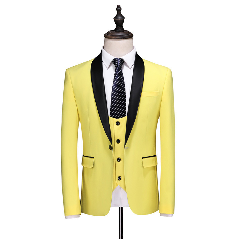 Three Piece Suit Slim Groom Wedding Dress Yellow Suit Plus Size Women's Clothing Men's Business Casual Knitted Flat Front 2pcs