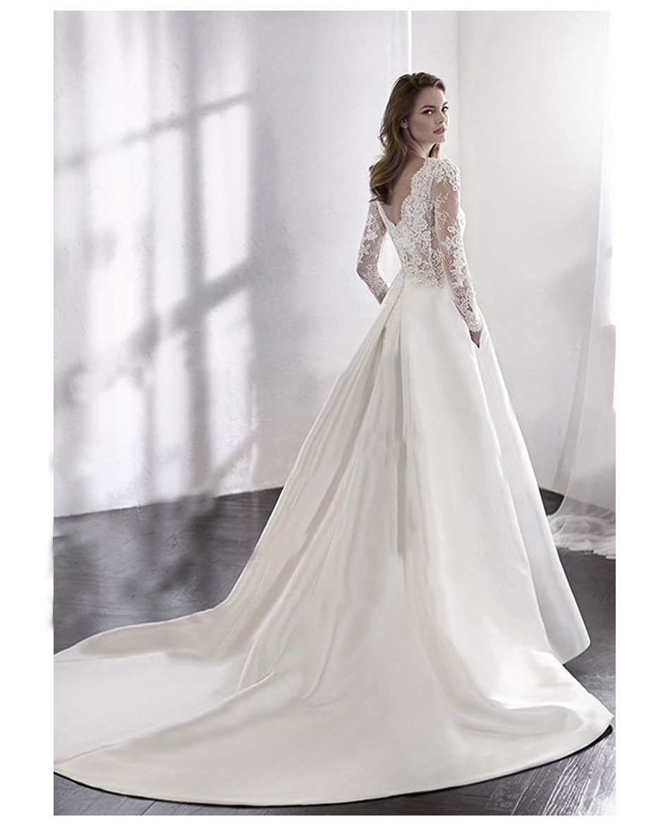 Autumn satin lace slimming fashion bridal long sleeve backless trailing wedding dress