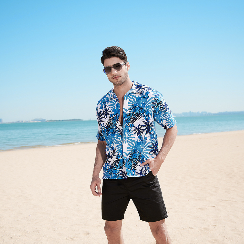 Hot Summer  Loose Casual Holiday Beach Shirt Hawaiian Print Short Sleeve Shirt