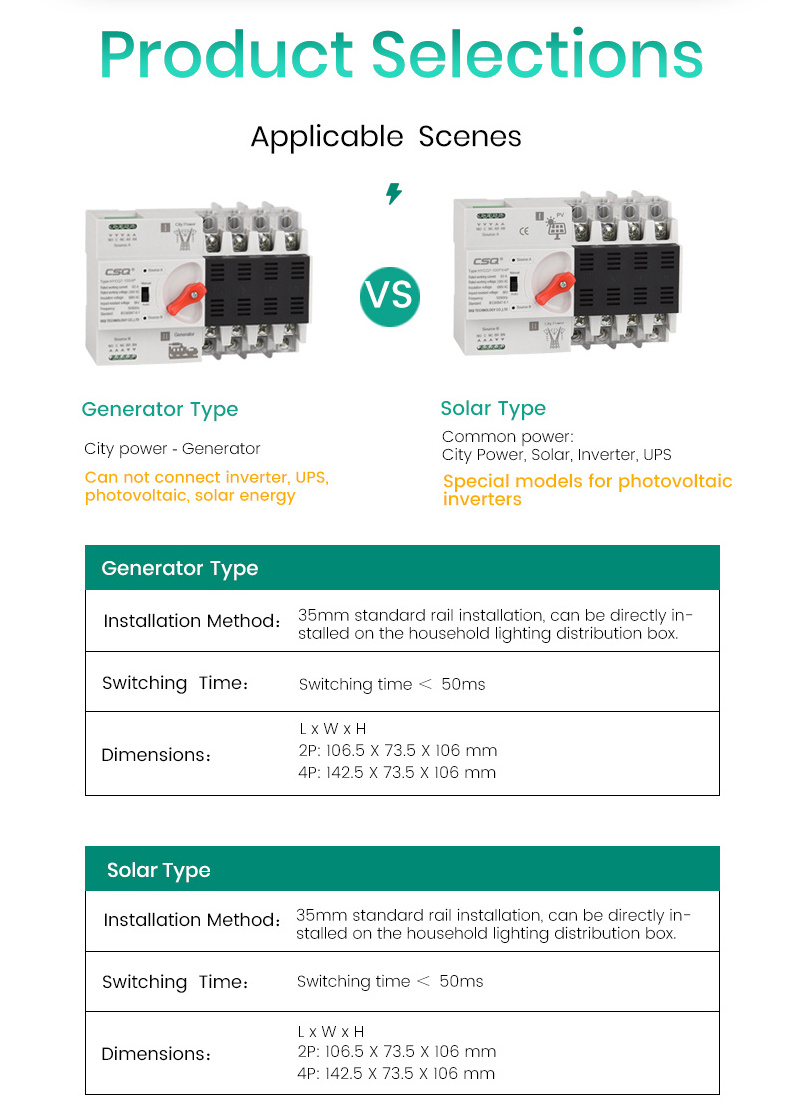 CSQ HYCQ7-100 Changeover ATS Single Phase 2P 4P 63A 100A  Low Voltage  AC 220V 63Amp Dual Power Automatic Transfer Switch