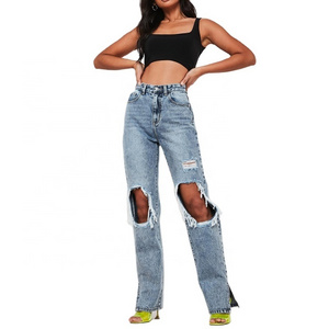 Custom embroidery logo Women sexy blue highwaisted ripped knee split hem denim jeans