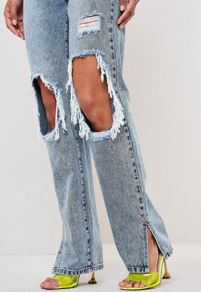 Custom embroidery logo Women sexy blue highwaisted ripped knee split hem denim jeans