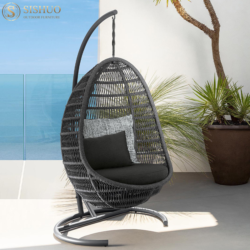 Foshan Single Seat Garden Furniture Rattan Patio Swings Hanging Egg Chair with Stand