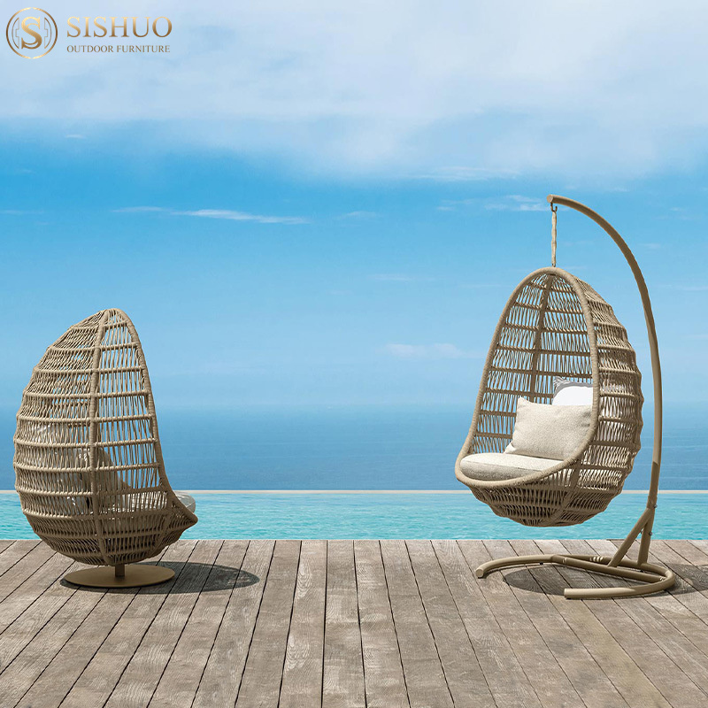 Foshan Single Seat Garden Furniture Rattan Patio Swings Hanging Egg Chair with Stand