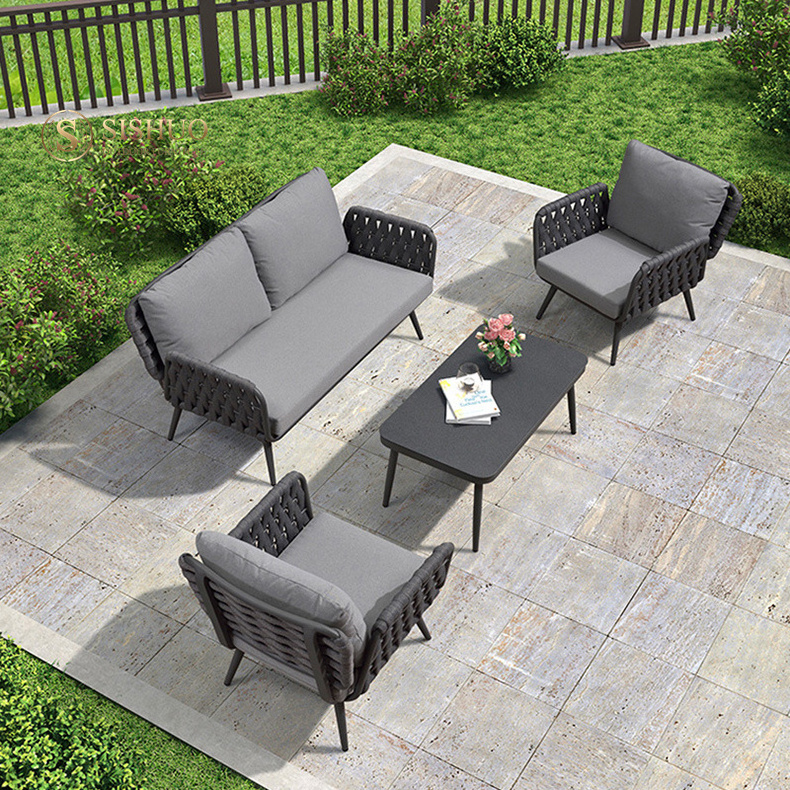 All-weather aluminum outdoor furniture lounge luxury gray rope wicker garden sofa set outdoor