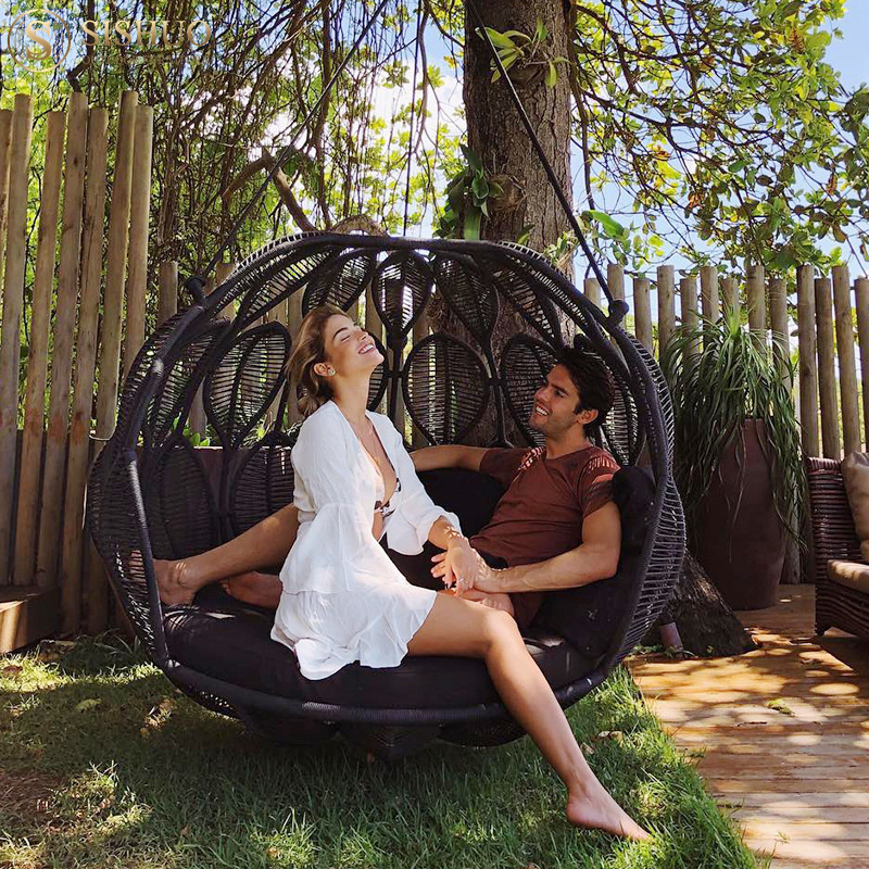 All Weather Furniture Wicker Swing Sofa Rope Aluminum Hanging Sofa Round Swing Bed