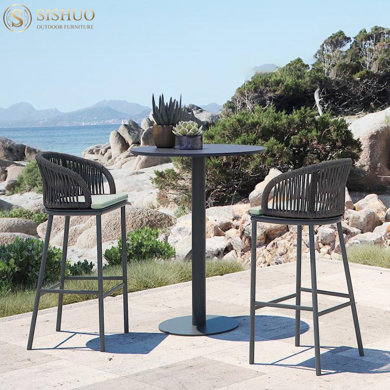 Luxury aluminum frame heavy-duty wicker bar chair restaurant outdoor armchair garden rattan dinning chair bar stool