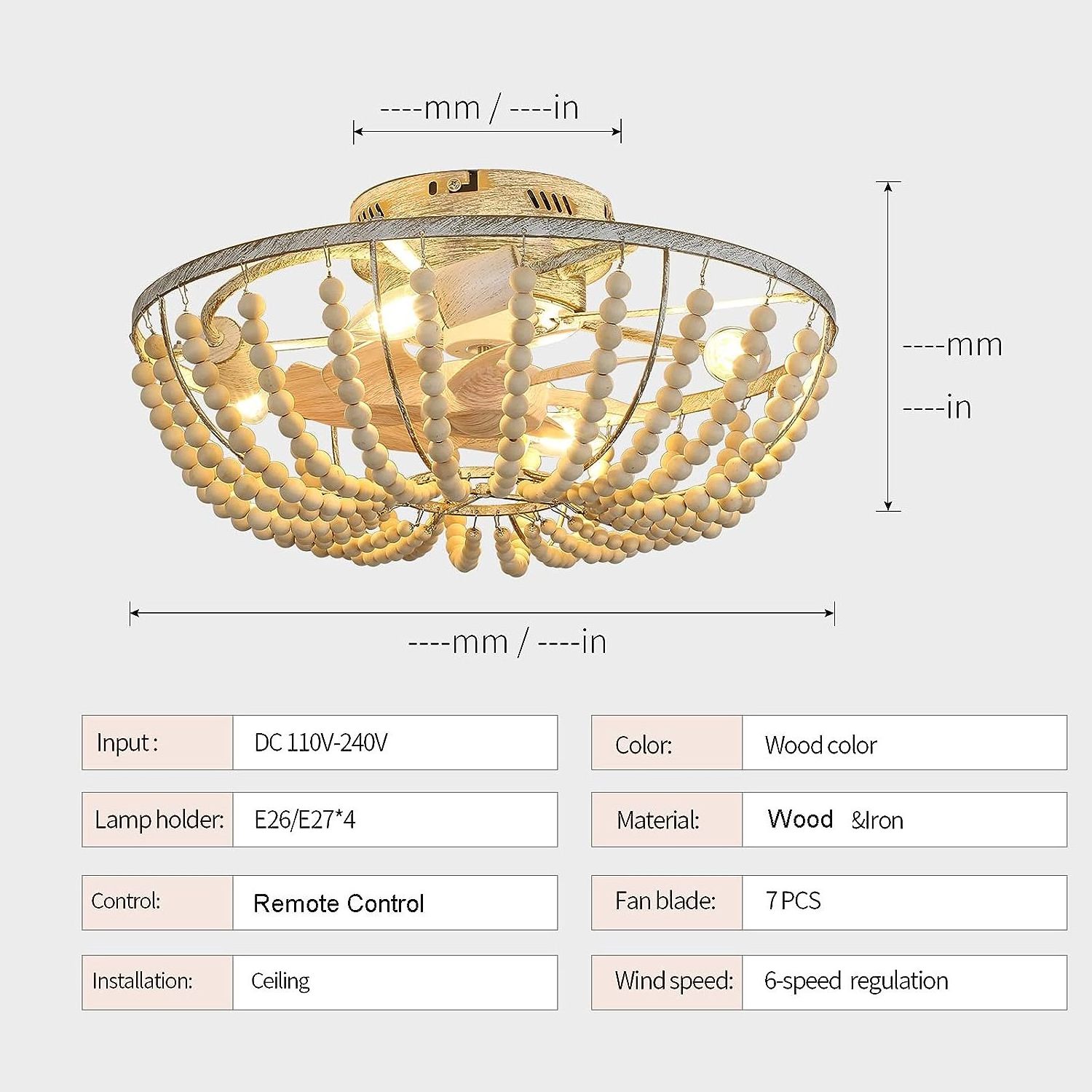 20inch modern Boho Ceiling Fan with Lights and Remote Caged Wood Bead Flush Mount Ventilador de techo LED ceiling fan chandelier