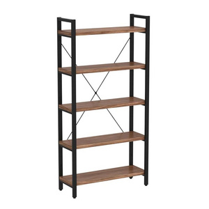 Home Living Room Vintage Standing Storage Shelf 5 Tier Open Bookcase Industrial Wood and Black Metal Bookshelves