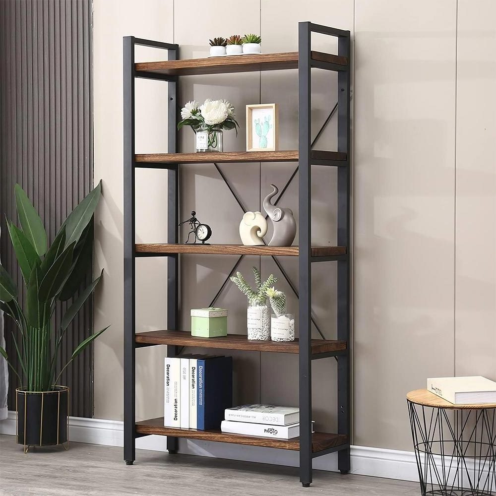 Home Living Room Vintage Standing Storage Shelf 5 Tier Open Bookcase Industrial Wood and Black Metal Bookshelves