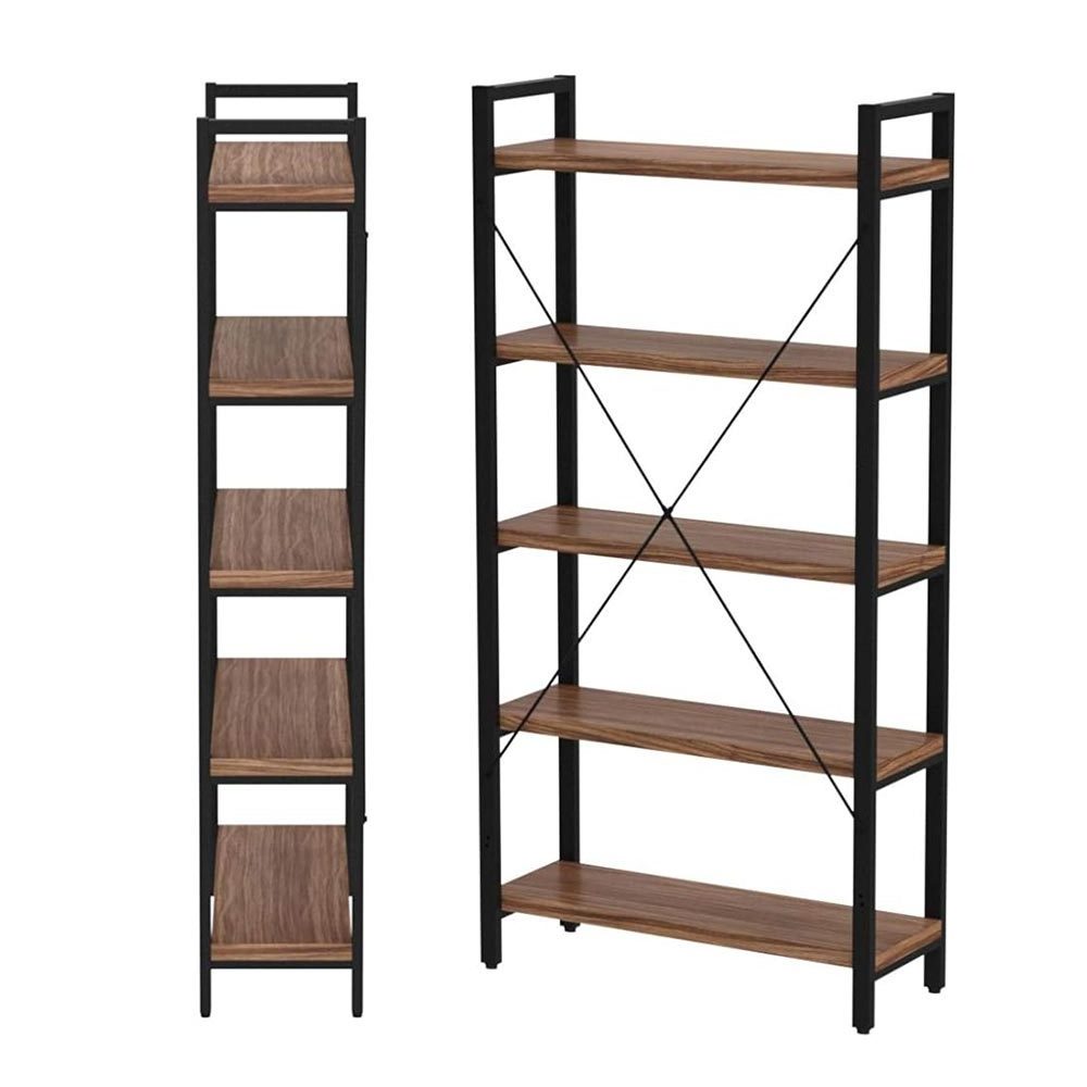 Home Living Room Vintage Standing Storage Shelf 5 Tier Open Bookcase Industrial Wood and Black Metal Bookshelves