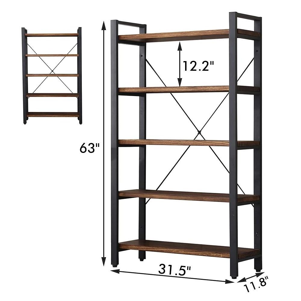 Home Living Room Vintage Standing Storage Shelf 5 Tier Open Bookcase Industrial Wood and Black Metal Bookshelves