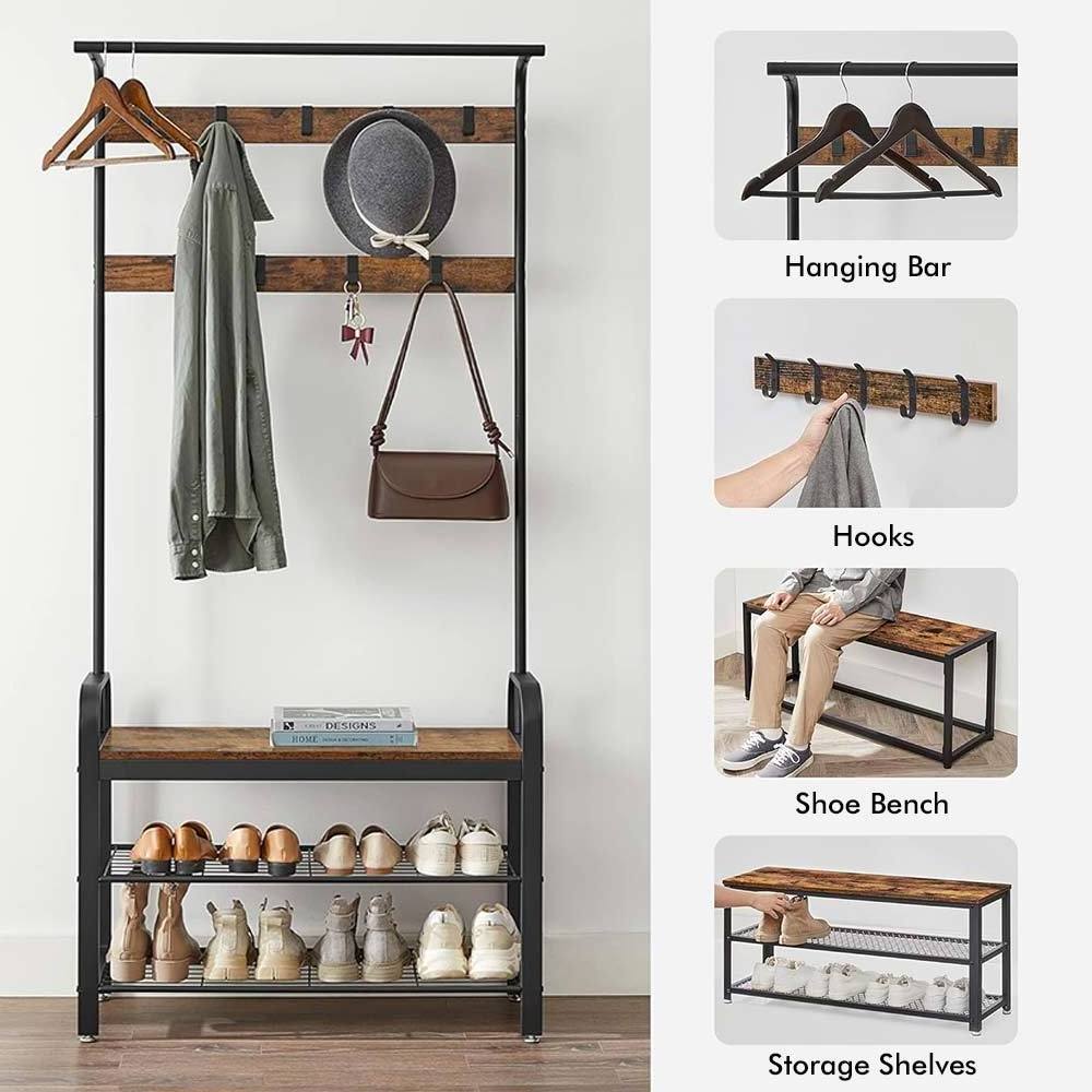 NBHY Cheap Metal Hallway Furniture Clothes Rail Hat Coat Rack Hook Hanging Stand with Shoe Storage Shelf