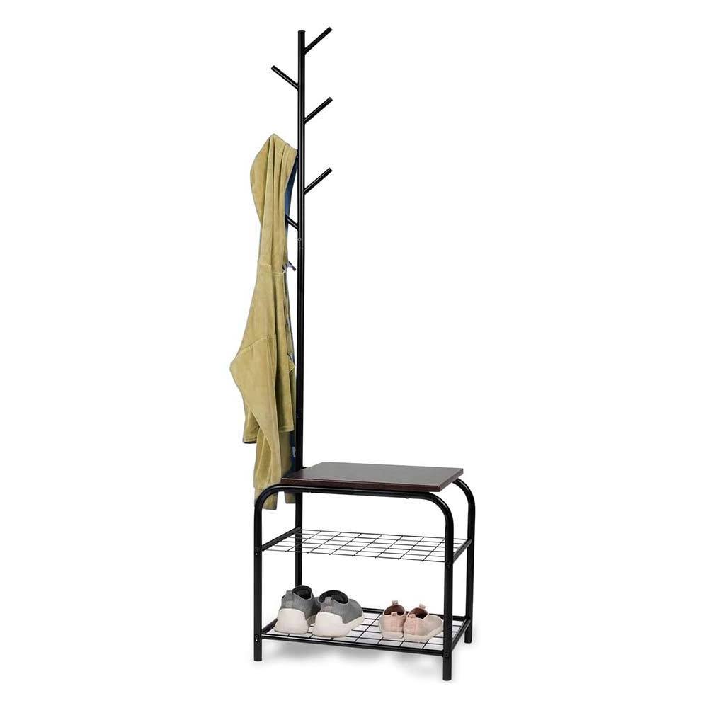 NBHY High Quality Metal Frame Freestanding Tall Tree Coat Rack Clothing Storage Stand with Shoe Rack Bench