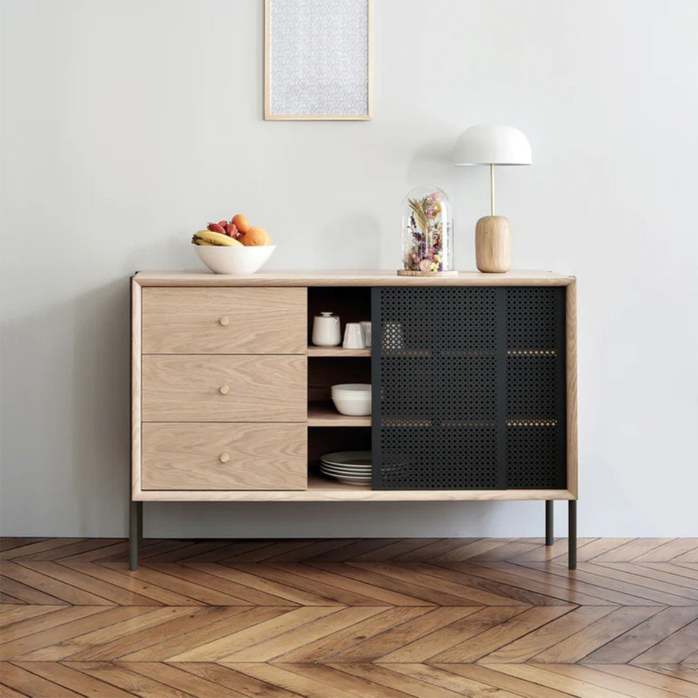 NBHY Wooden Furniture Metal Mesh Sliding Doors Sideboard High Legs Storage Cabinet Side Console Table with 3 Drawers