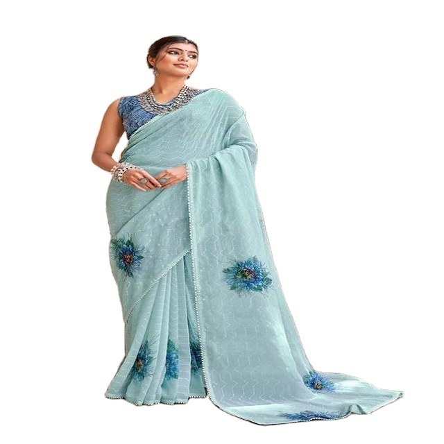 Ladies Georgette Printed Festival Wear Nepal Wedding Floral Pastel Color Saree with blouse Fancy Fashion Low Cost Indian