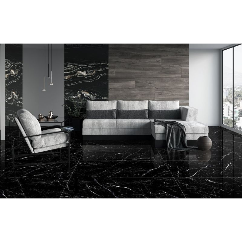 Simmba Black High gloss Porcelain Floor Tiles Glazed Polished vitrified Porcelain floor tiles with High Gloss Finish