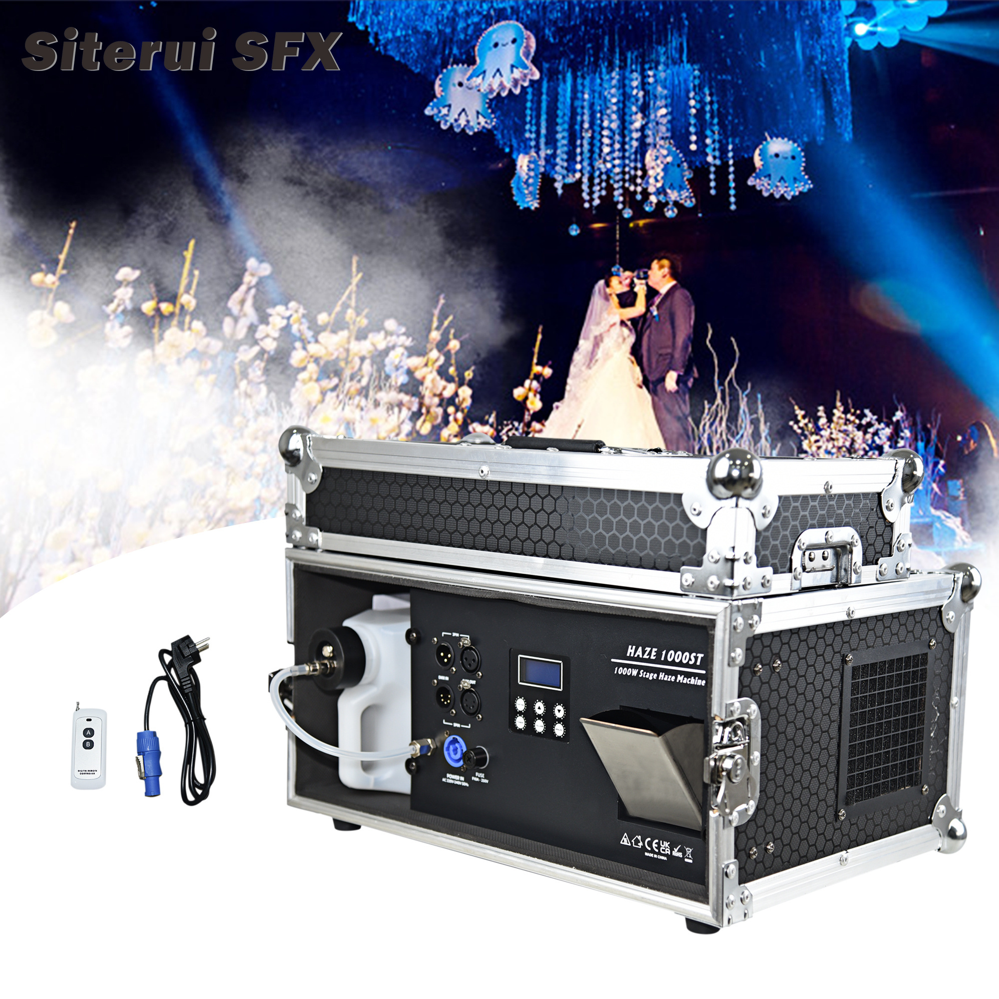 SITERUI Stage Effect Haze Machine Water Based DMX 1000W  Hazer Smoke Machine Smog Dry Ice Fog Machine With Flight case