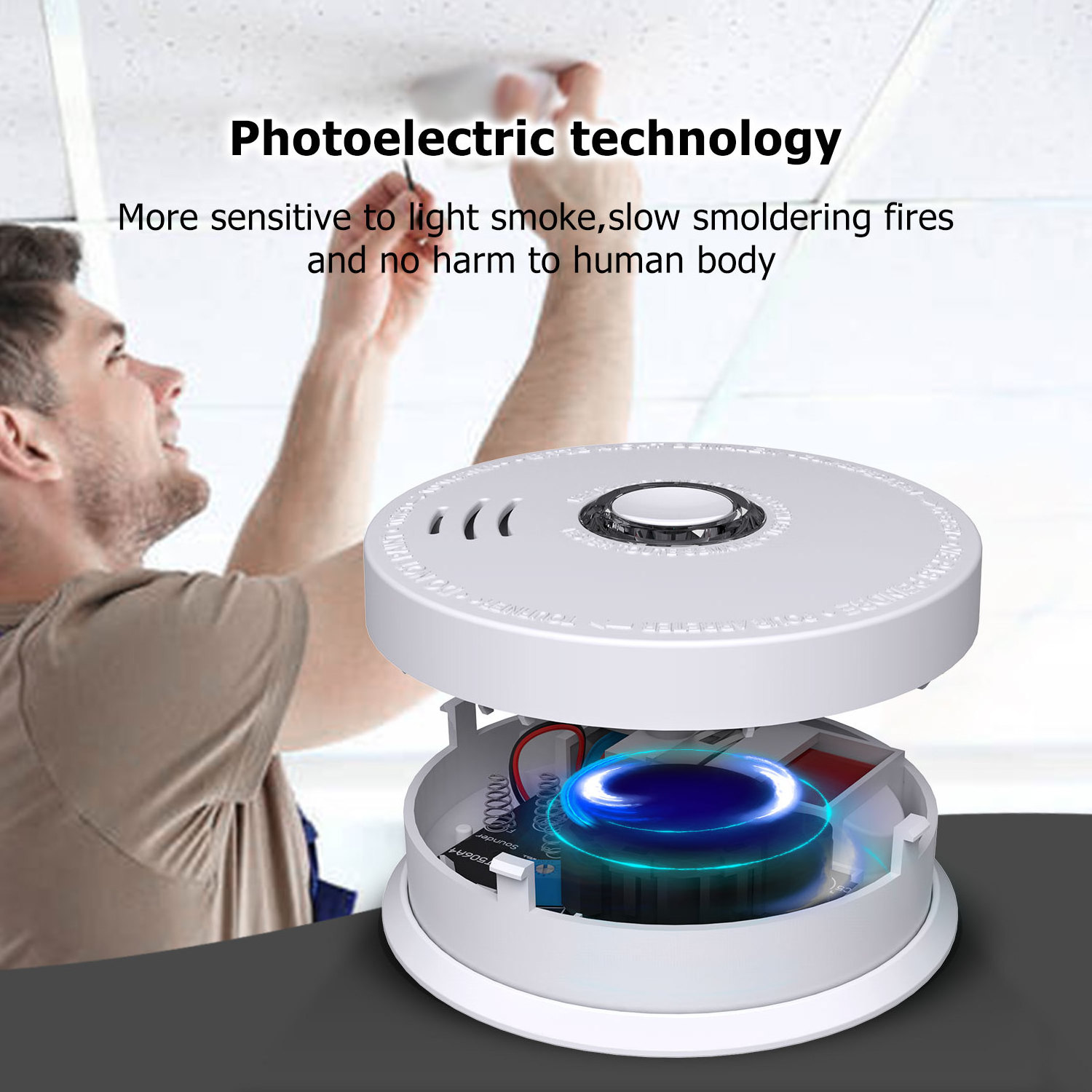 Manufacture UL INTERTEK 9V Battery Operated 10 Years Photoelectric Cigarette Smoke Detector with UL