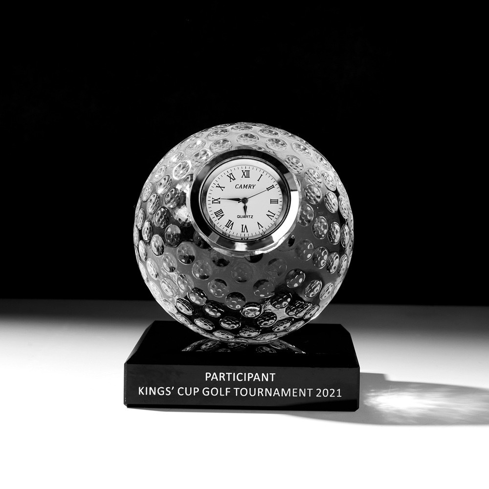 wholesale golf accessories 80MM crystal glass golf balls clock trophy awards with black crystal base funny golf gift set box