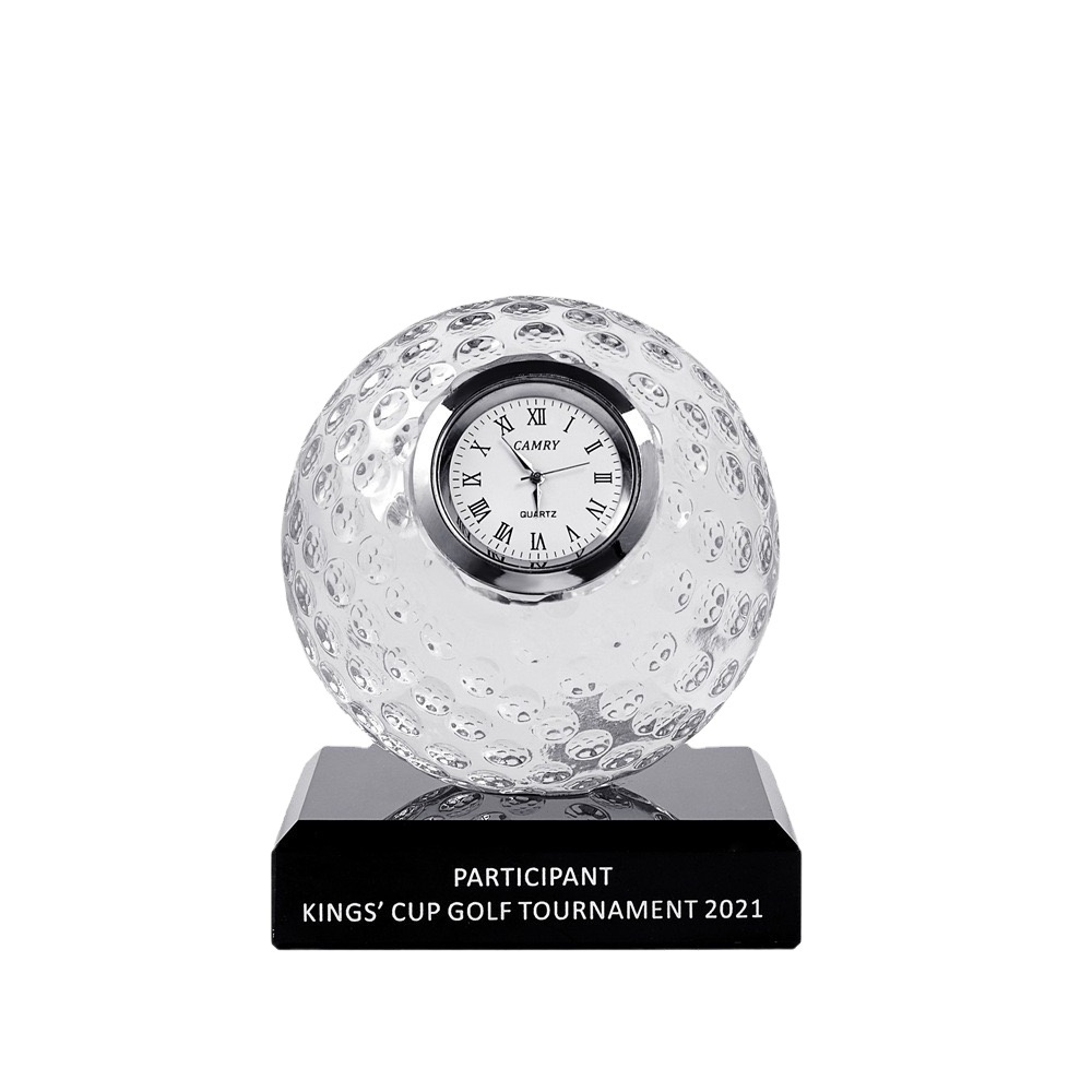 wholesale golf accessories 80MM crystal glass golf balls clock trophy awards with black crystal base funny golf gift set box