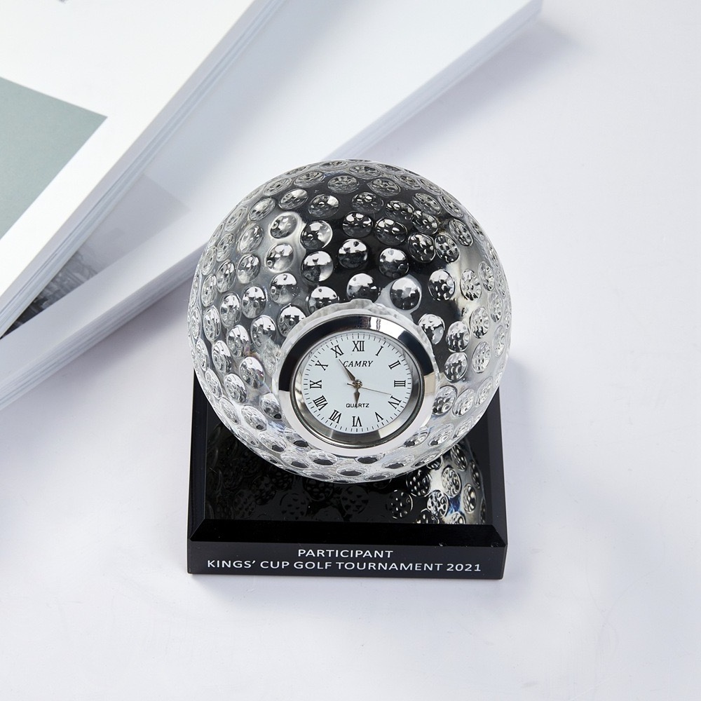 wholesale golf accessories 80MM crystal glass golf balls clock trophy awards with black crystal base funny golf gift set box