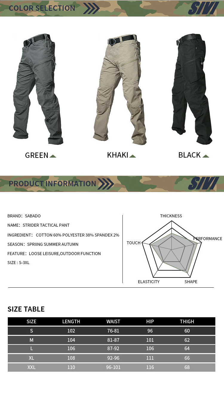 SIVI Outdoor Hiking Waterproof Tactical Camouflage Work Cargo Pants Men Multi Pockets Security Trousers Camo Pants for men