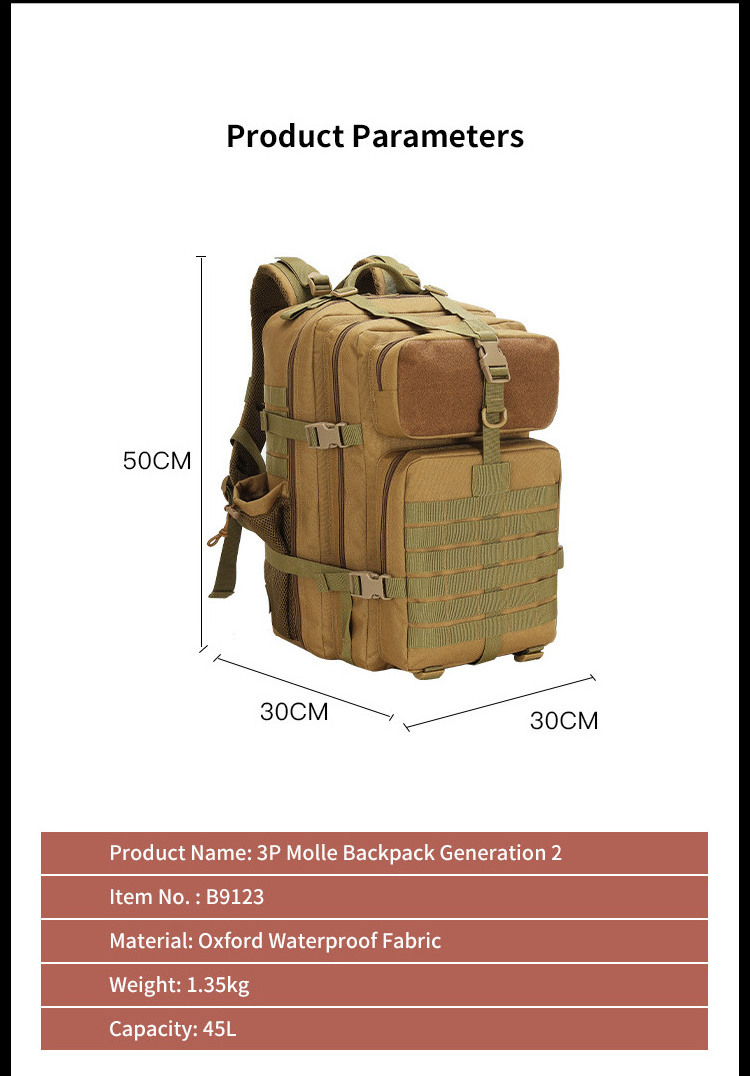 SABADO Custom Logo Outdoor Oxford 45L 3 Day Waterproof Molle Rucksack Gym Mochila Sports Tactical Backpack