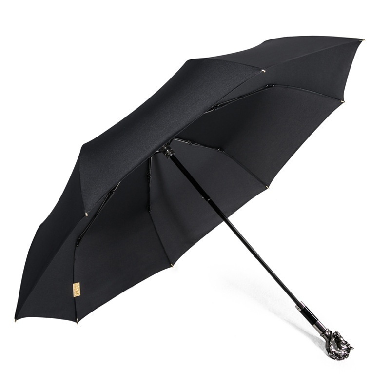 Silver Horse Handle Black Luxury Walking Stick Fold Umbrella