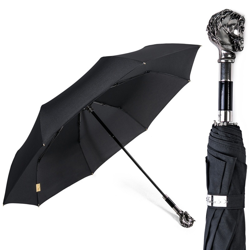 Silver Horse Handle Black Luxury Walking Stick Fold Umbrella