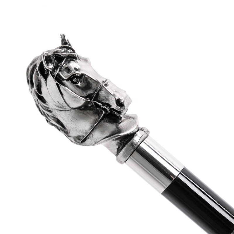 Silver Horse Handle Black Luxury Walking Stick Fold Umbrella