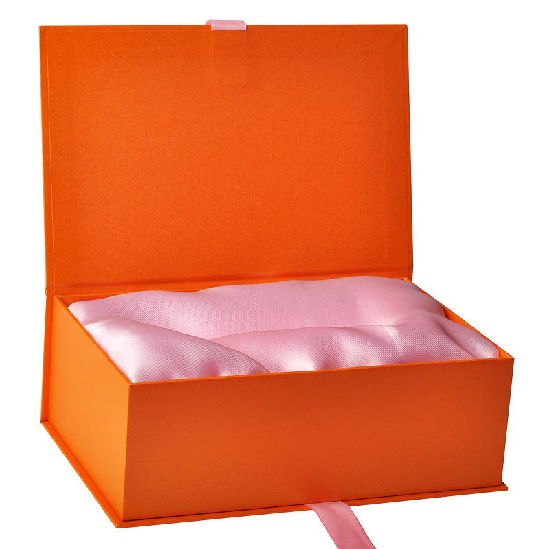 Custom Luxury Logo Printing orange Magnetic Cardboard Paper Gift Box Jewellery Packaging Box With Ribbon Closure