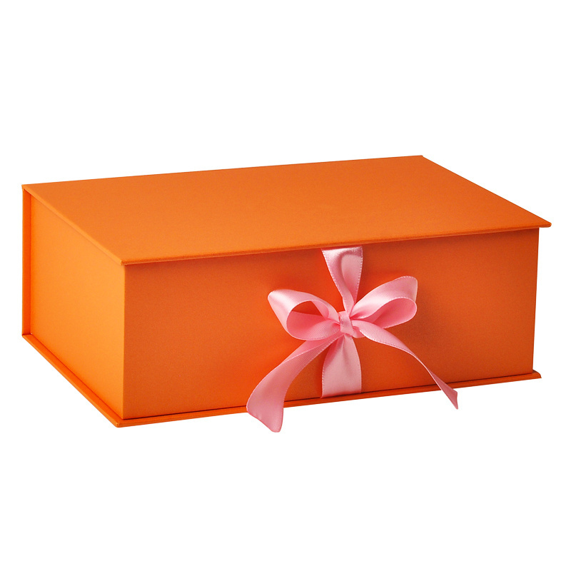 Custom Luxury Logo Printing orange Magnetic Cardboard Paper Gift Box Jewellery Packaging Box With Ribbon Closure