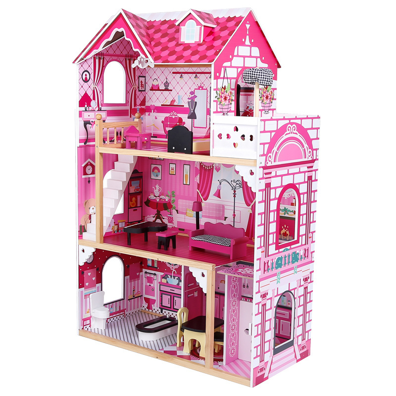 120cm big size 3 floors Wholesale wooden doll house toys role pretend playing girl pink wooden dollhouse toy for kids