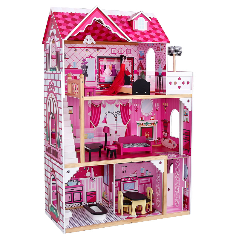 120cm big size 3 floors Wholesale wooden doll house toys role pretend playing girl pink wooden dollhouse toy for kids