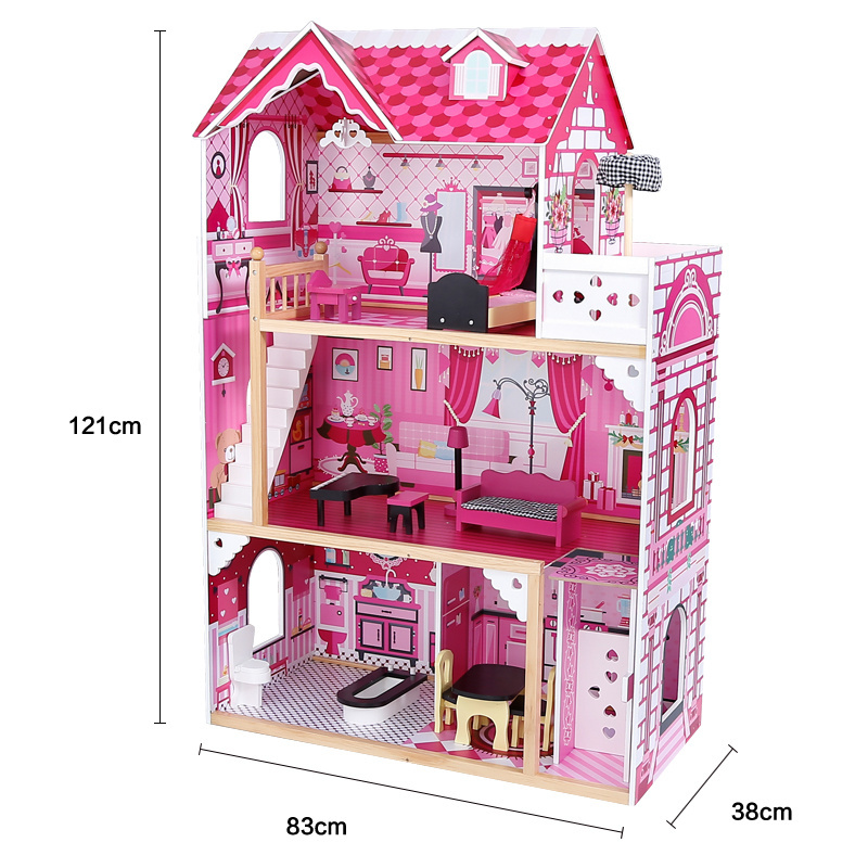 120cm big size 3 floors Wholesale wooden doll house toys role pretend playing girl pink wooden dollhouse toy for kids